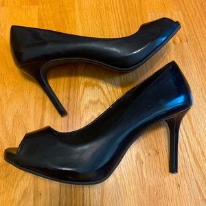 Black, open toe heels. Wide
